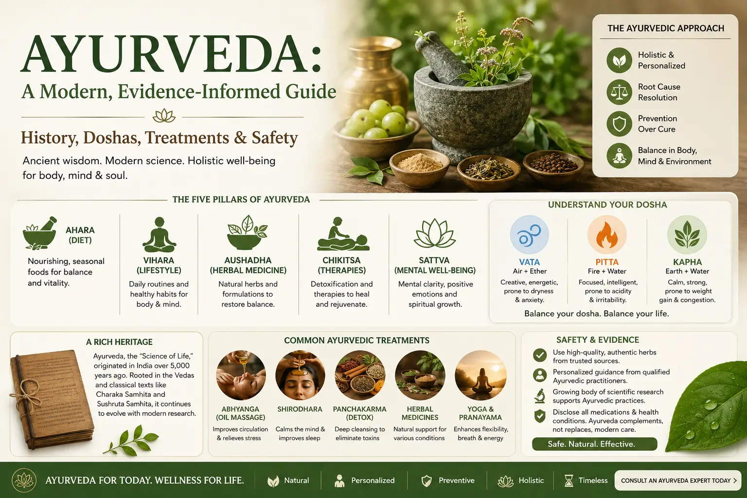Ayurveda: A Modern, Evidence-Informed Guide — History, Doshas, Treatments & Safety